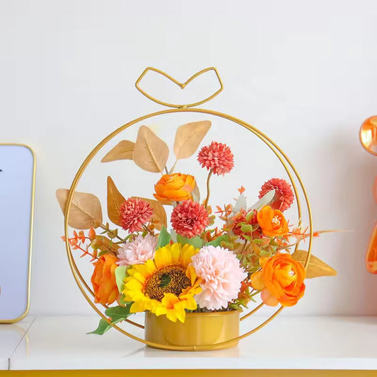 Nordic metallic flower vase stand with modern geometric design.