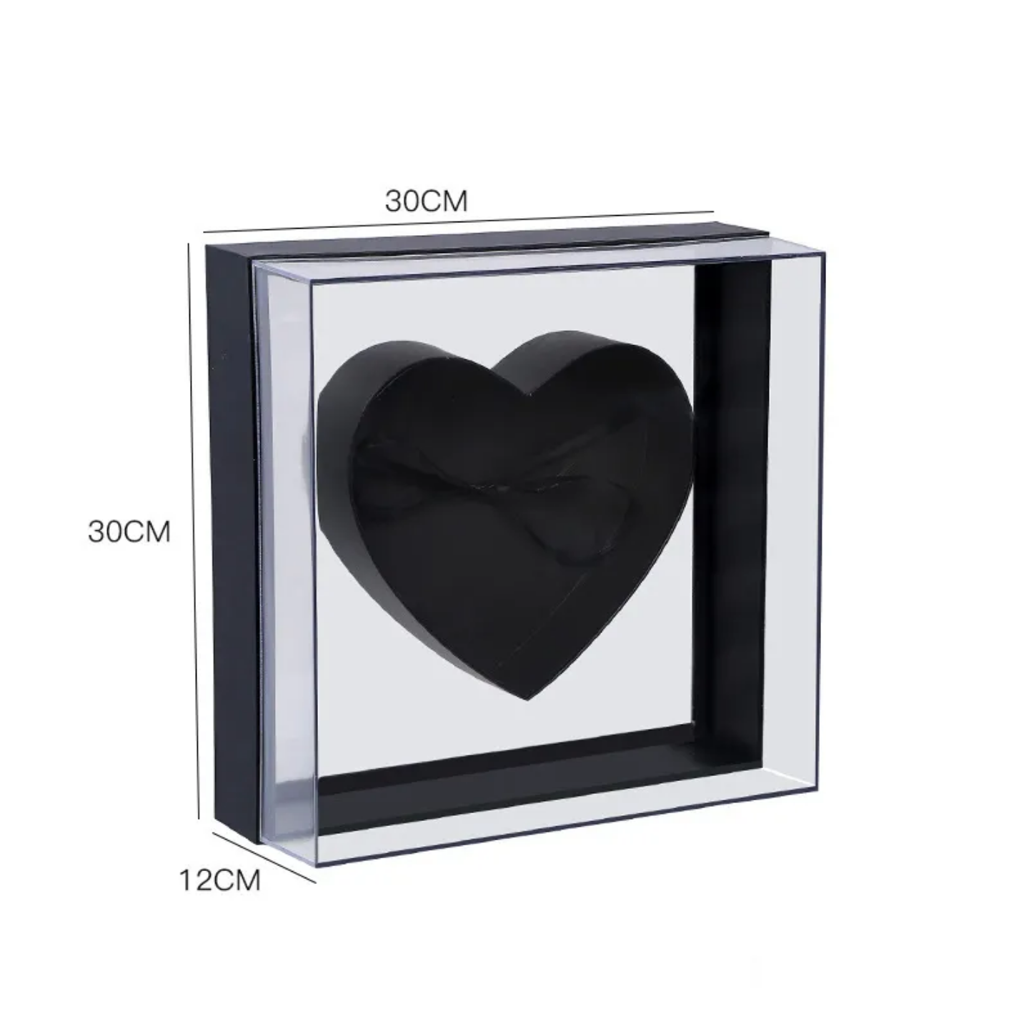 Acrylic heart shadow box 30x30x12cm with black heart insert, for roses, flowers, or gifts.