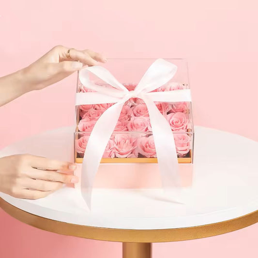 Square Acrylic GIft Flower Box with Ribbon
