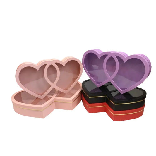 Large double heart flower gift box with clear lid in pink, purple, red, and black.