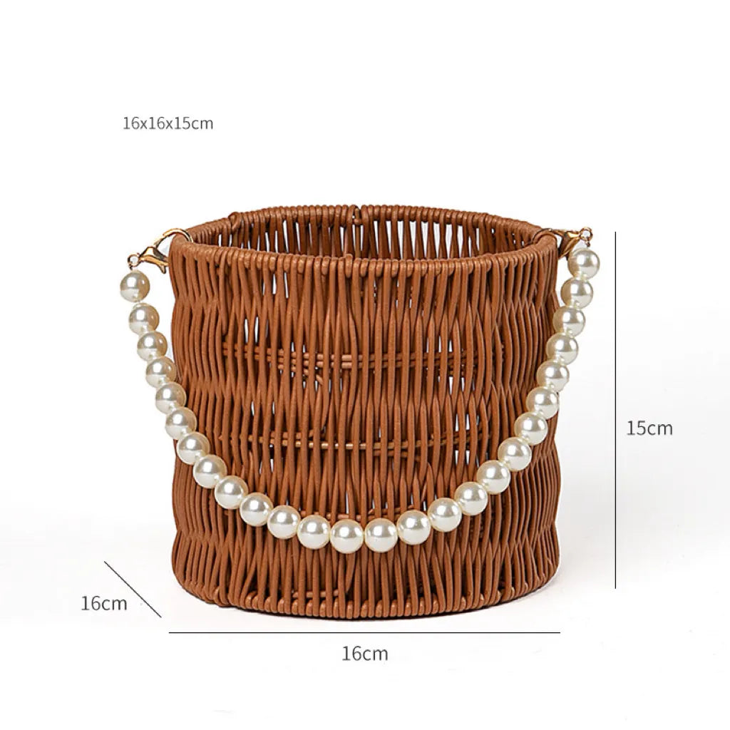 Flower Straw Basket with Pearl Handle