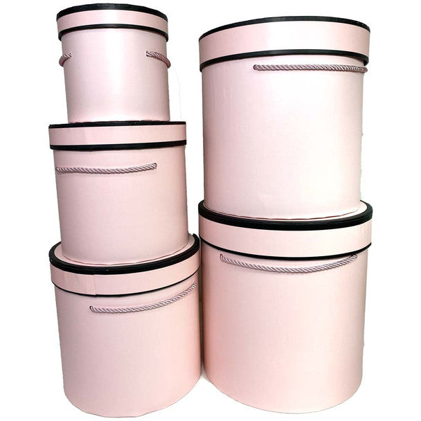 Pink round rigid hat boxes with rope handles and black rim, luxury packaging set