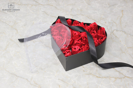 Black Heart Shape Flower Box with Clear Lid displaying flower bouquet