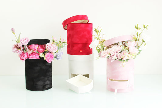 Pink Velvet Round Surprise Flower Box with Drawer