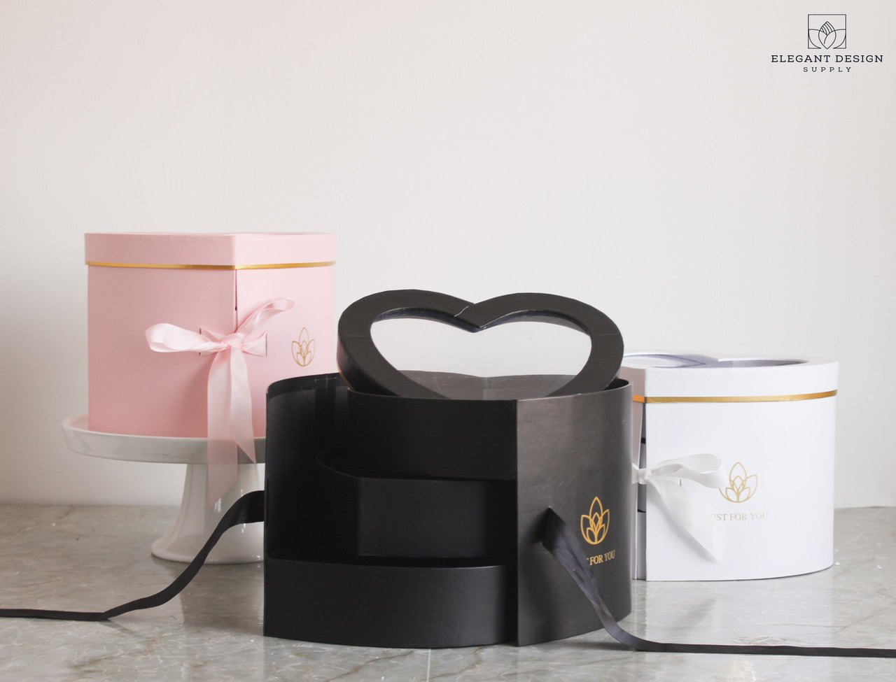 Set of 3, Heart Shaped Flower/Gift Boxes, White/Black Marble
