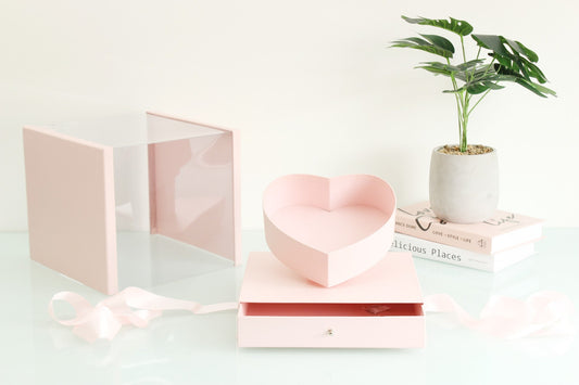 Pink Square Flower Box with Tilted Heart and Drawer