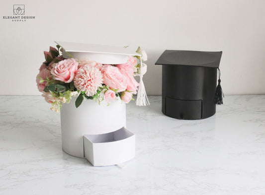 White Graduation Flower Box with Drawer – Round box for flower arrangements and gifts.