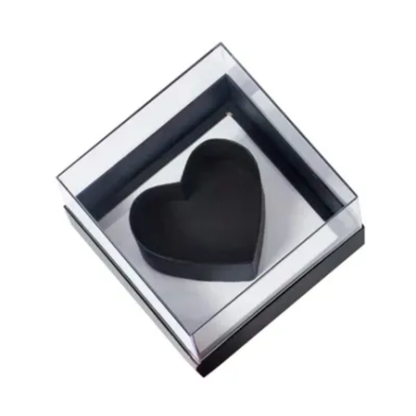 Acrylic heart shadow box 30x30x12cm with black heart insert, for roses, flowers, or gifts.