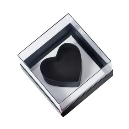 Acrylic heart shadow box 30x30x12cm with black heart insert, for roses, flowers, or gifts.