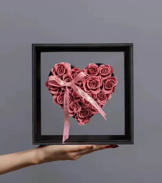 Acrylic heart shadow box 30x30x12cm with black heart insert, for roses, flowers, or gifts.