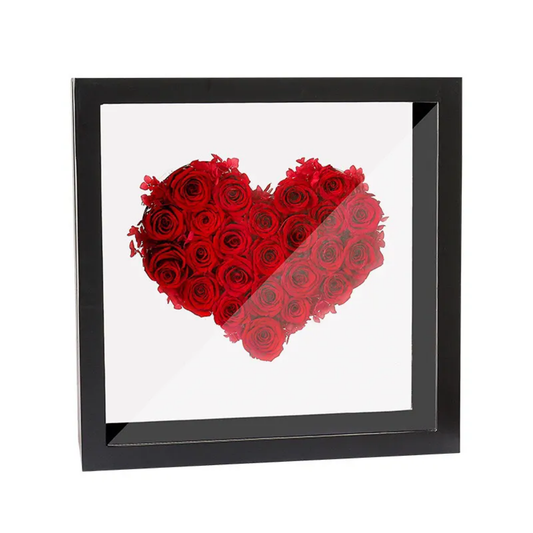 Acrylic shadow box with heart-shaped red rose arrangement, romantic gift and home décor.