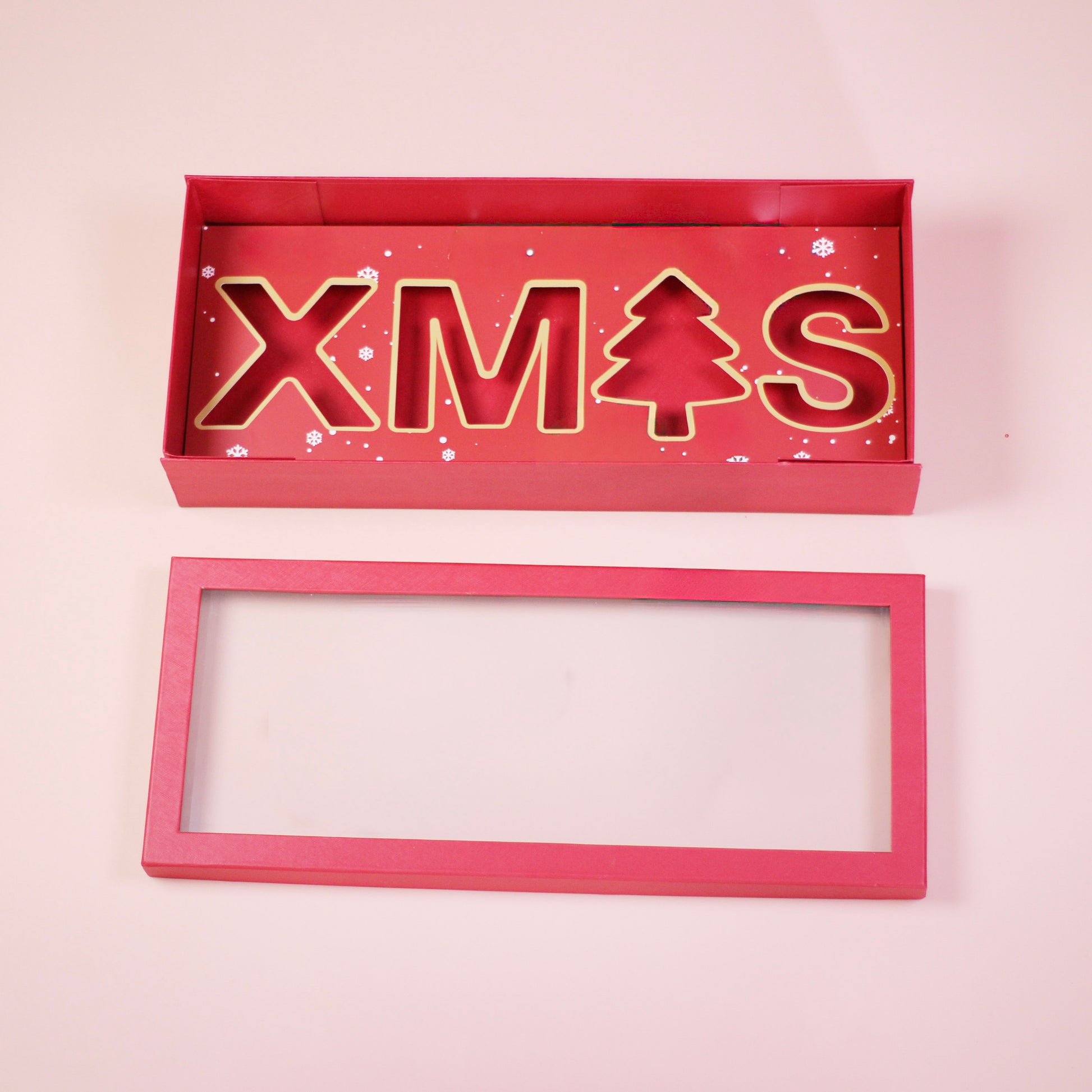 Foldable XMAS flower box with clear lid and festive red design.