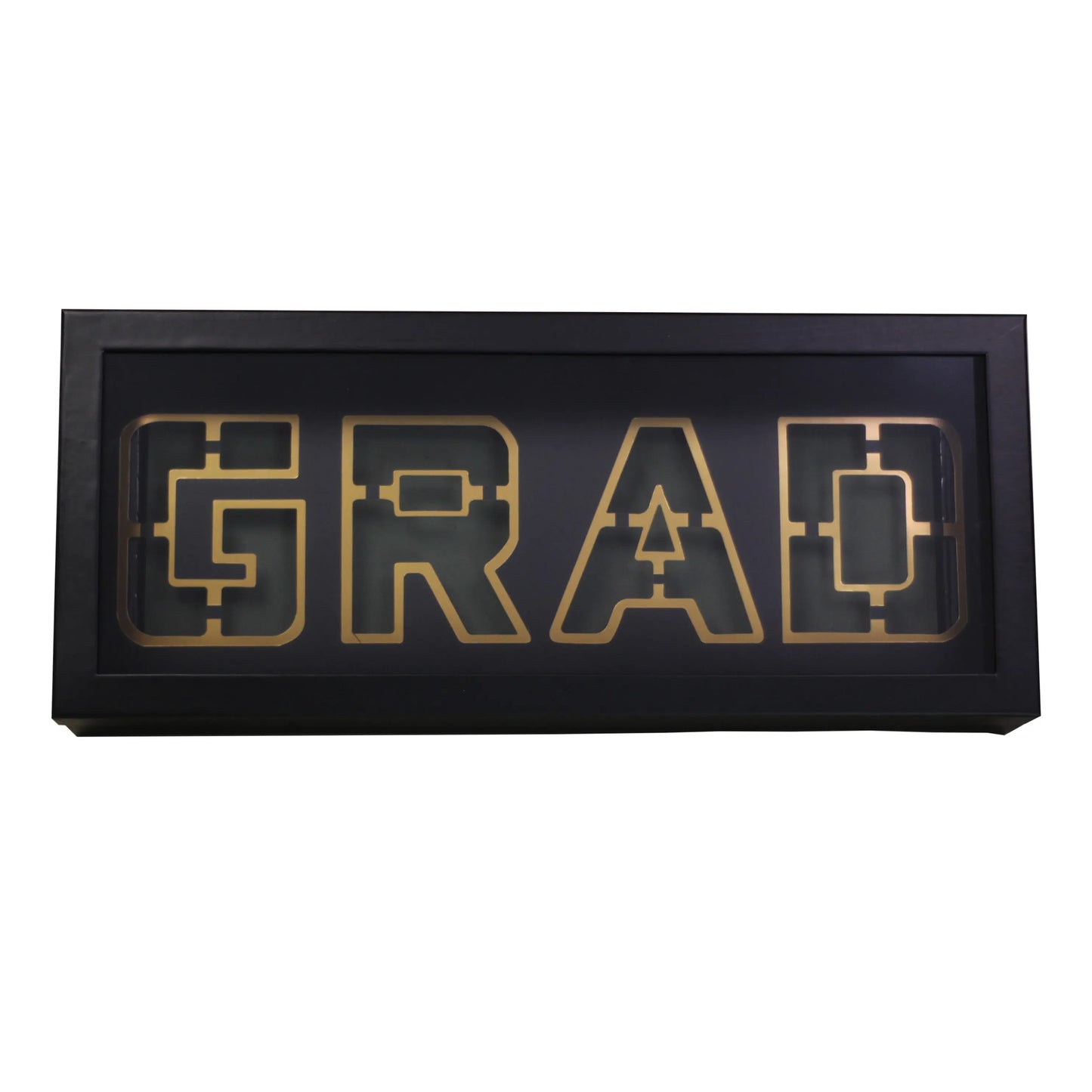 Black GRAD packaging box with foam insert and transparent lid.