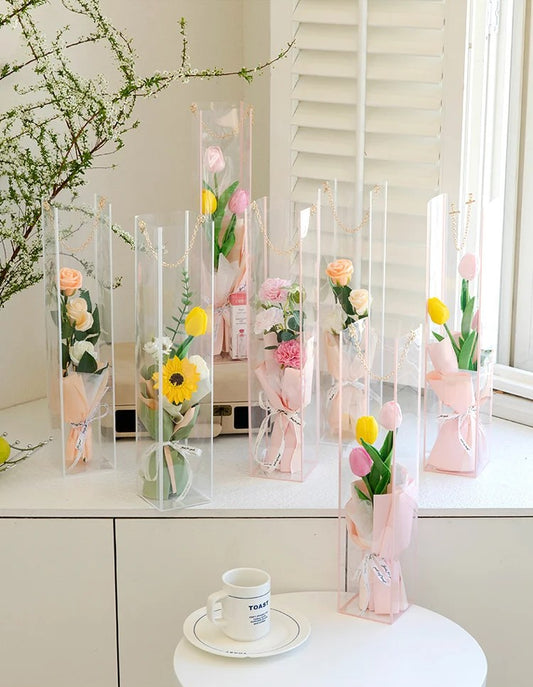 Tall Edge Clear PVC Rectangle Waterproof Flower Bag with Handle