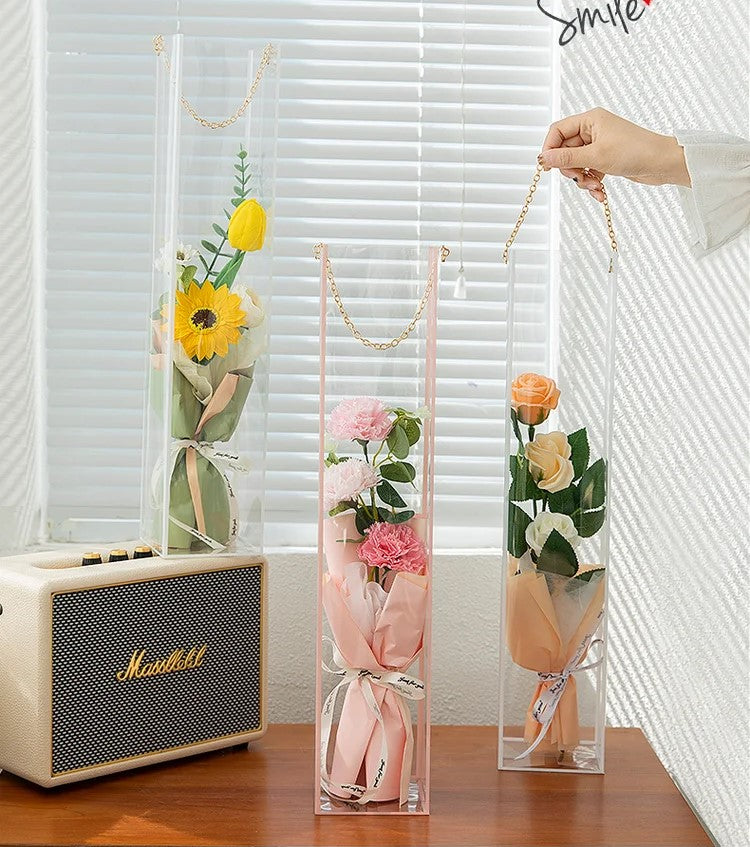 Tall Edge Clear PVC Rectangle Waterproof Flower Bag with Handle