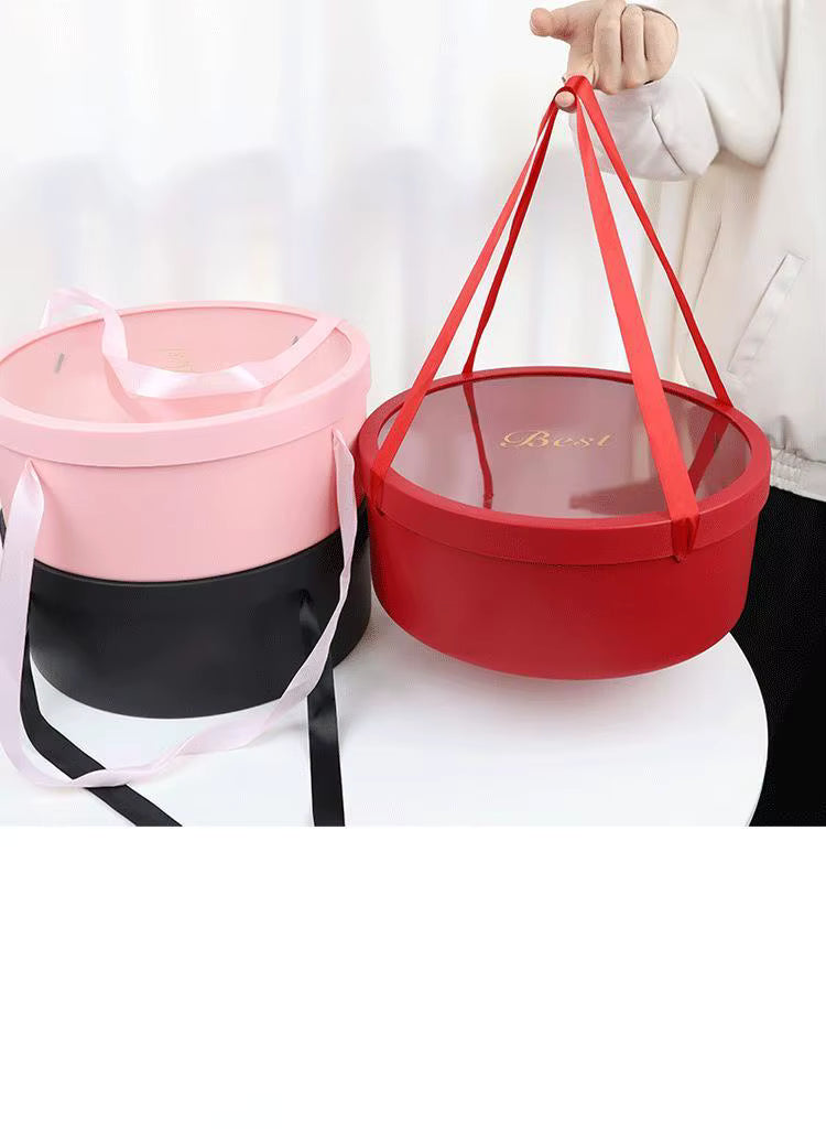 Black round gift box with see-through cover for floral display