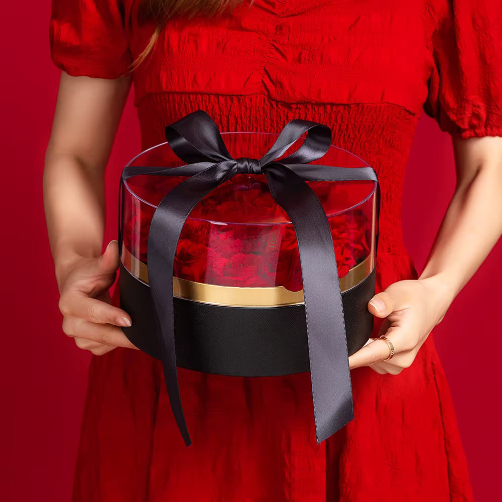 Black luxury acrylic packaging box with bow for floral display