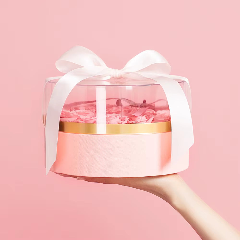 Round acrylic gift packaging for roses or chocolate arrangements