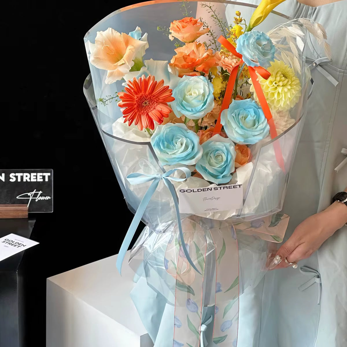 Elegant Starlight wrapping paper around luxury pink bouquet