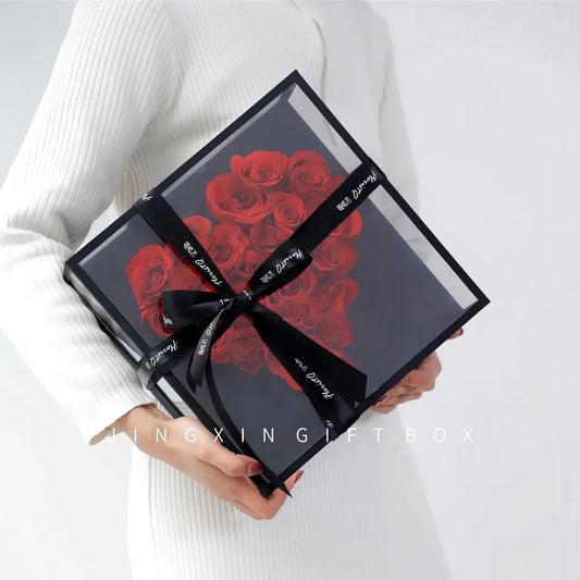 Panoramic Acrylic Square Heart Flower Gift Box