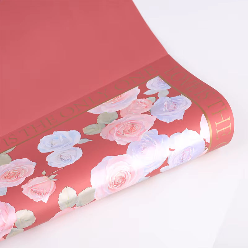 Bold berry red waterproof flower wrap with vibrant floral design
