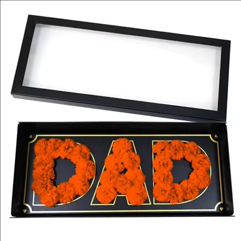Sleek foldable DAD box for father-themed gifts and arrangements.