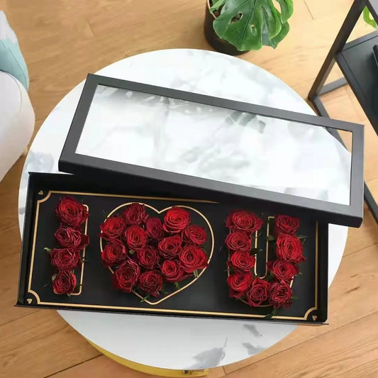 Foldable I Love You Flower Box with Clear Lid, Foam and Liner