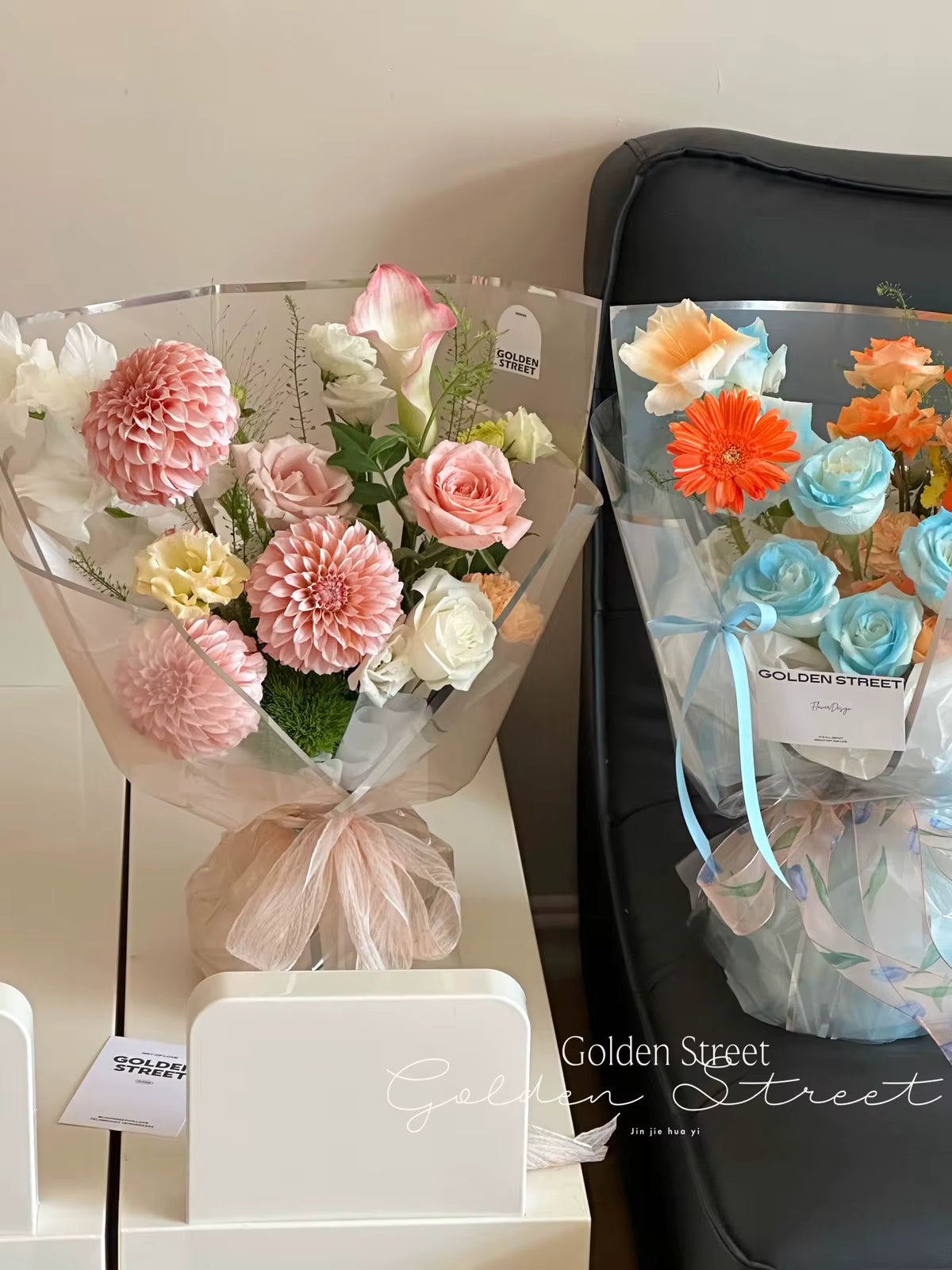 Clear flower wrapping film with silver lining and pastel flowers