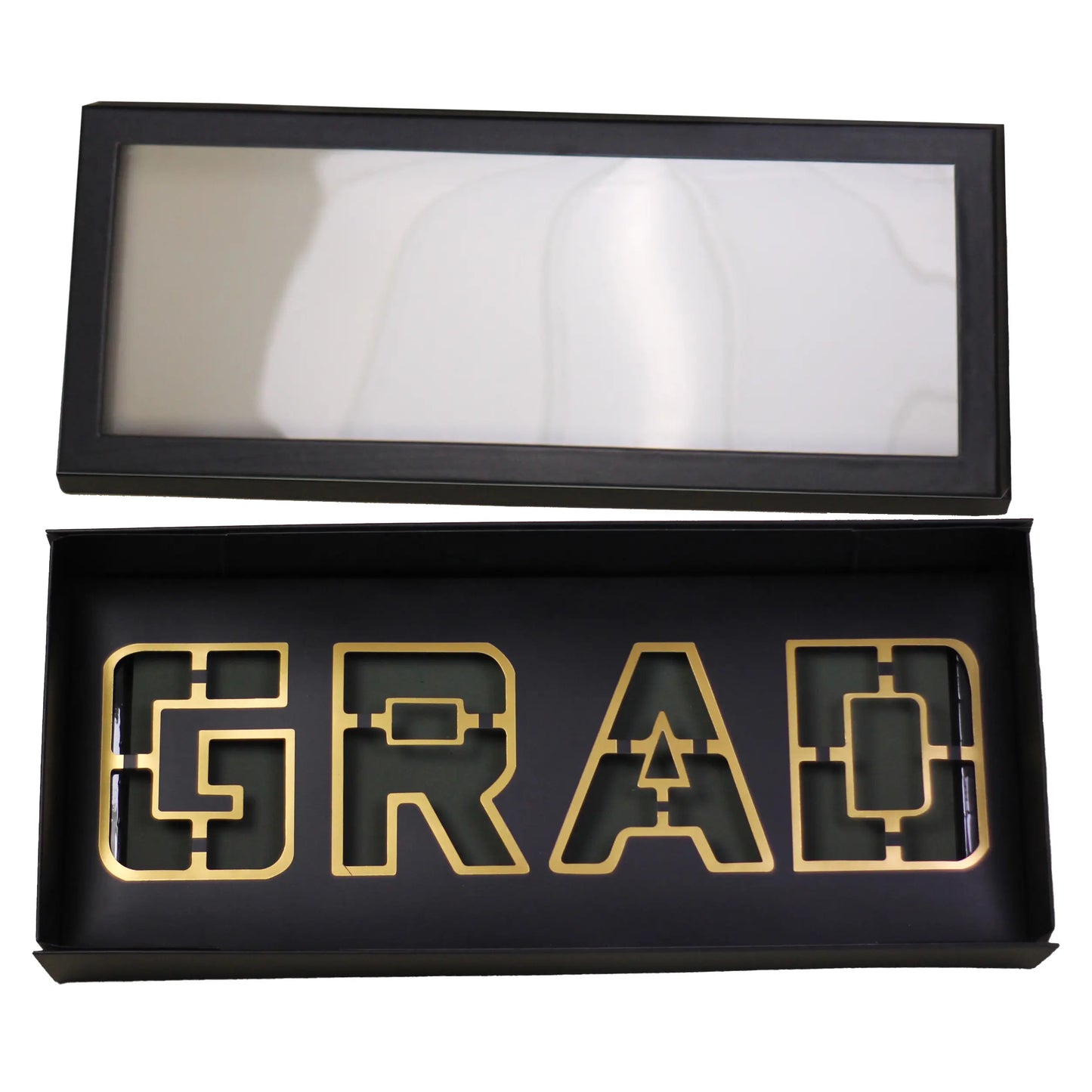 Foldable black GRAD box with clear lid and foam liner for graduation gifts.