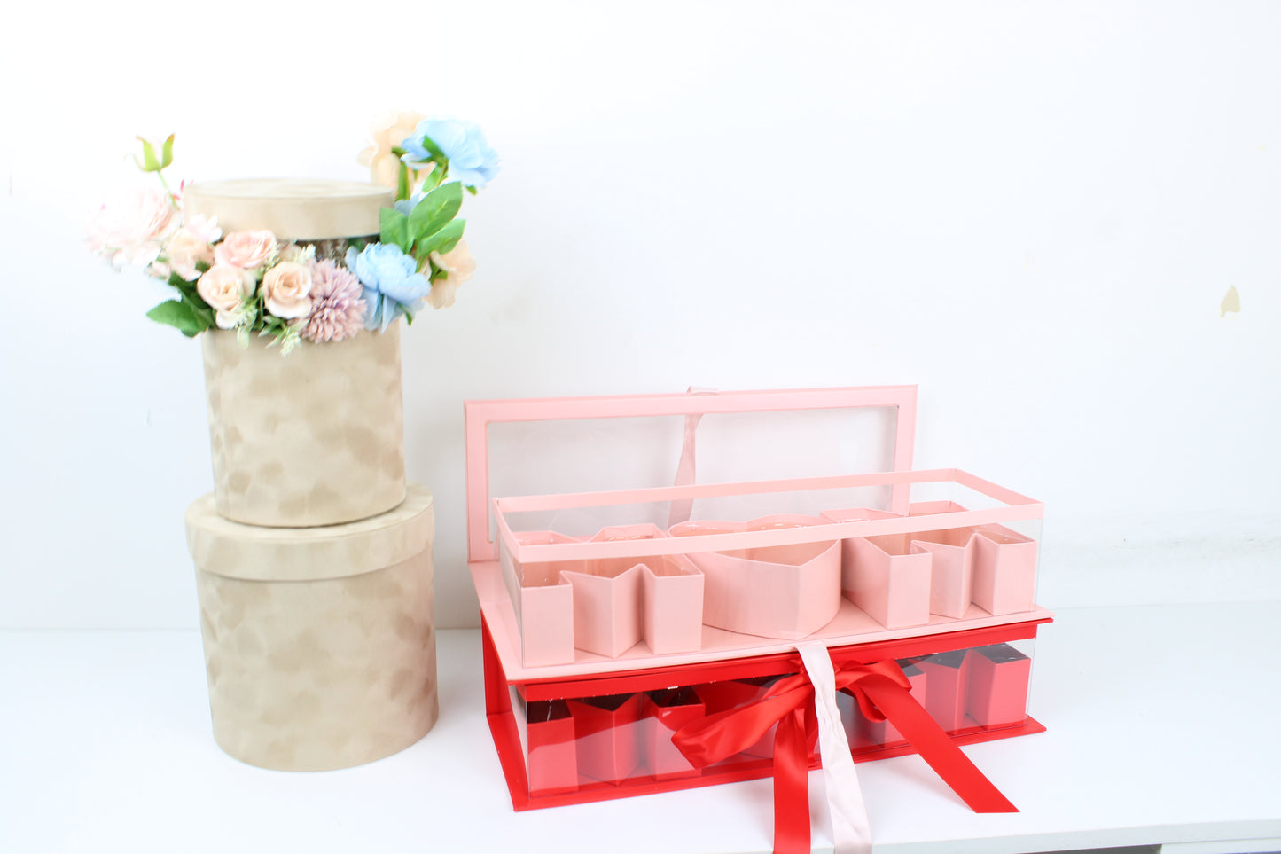 Pink and Red  Mother's Day Flower Gift Box ideal for flower arrangements. Perfect floral supply for Mother's Day.