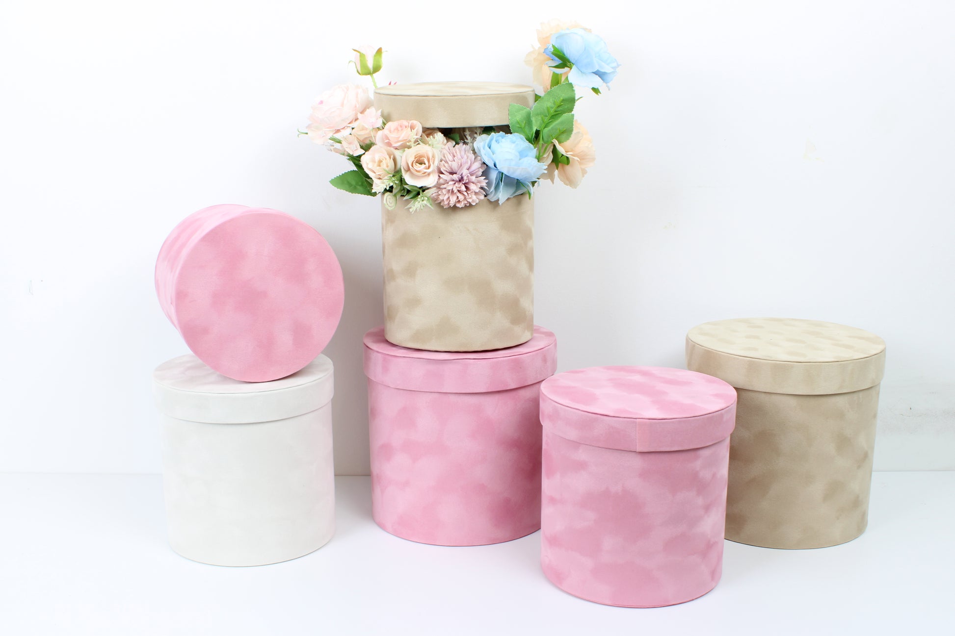 Brown and Pink velvet round Flower Box for elegant floral arrangements.