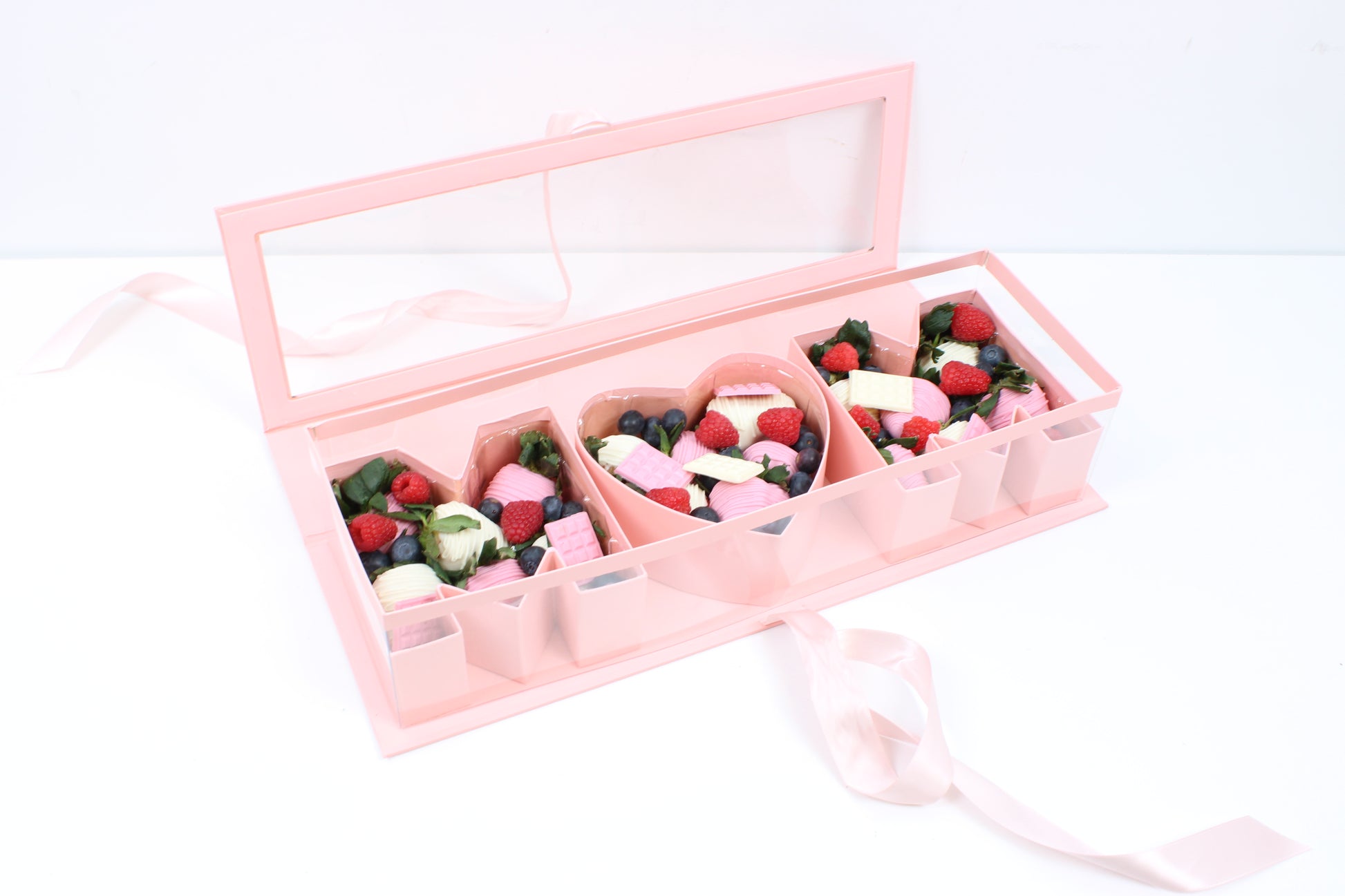 Pink Mother's Day Flower Gift Box  showcasing chocolate strawberries for Mother's Day.