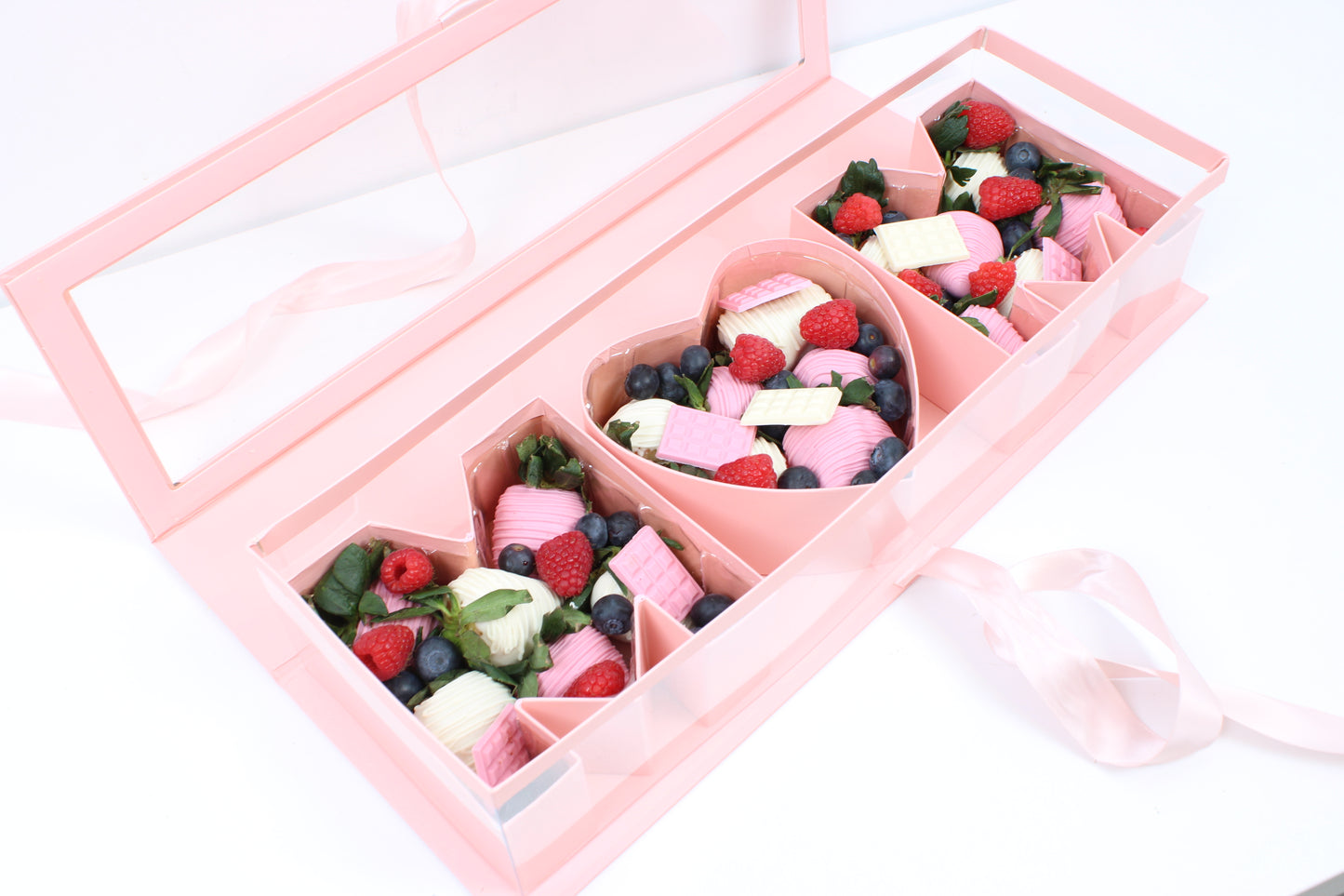 Pink Mother's Day Flower Gift Box  showcasing chocolate strawberries for Mother's Day.