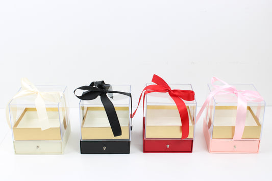 Cube Clear Top Flower Gift Box with Ribbon and drawer