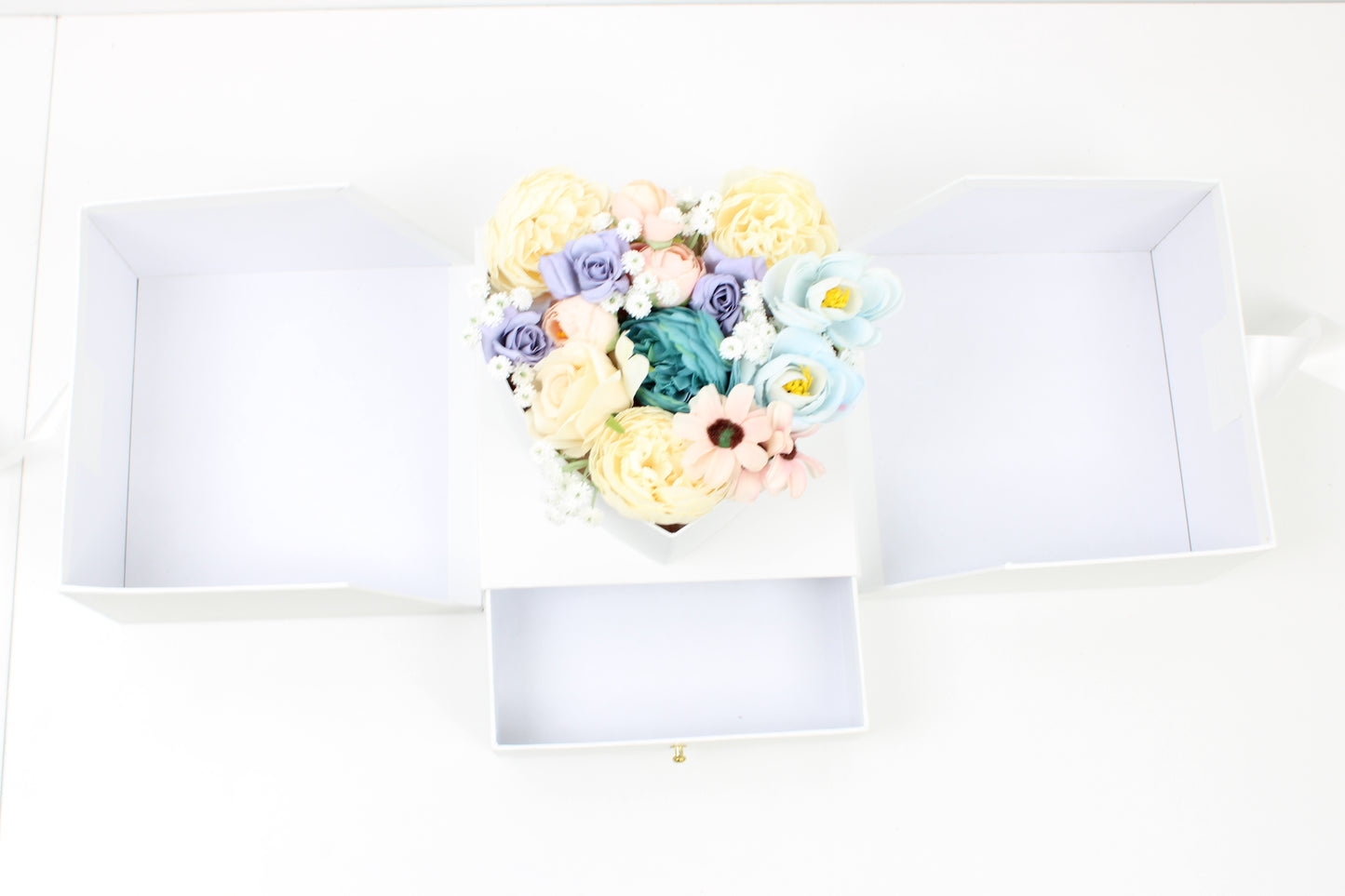 Surprise Cube Flower Box with Heart Insert, Drawer and Ribbon