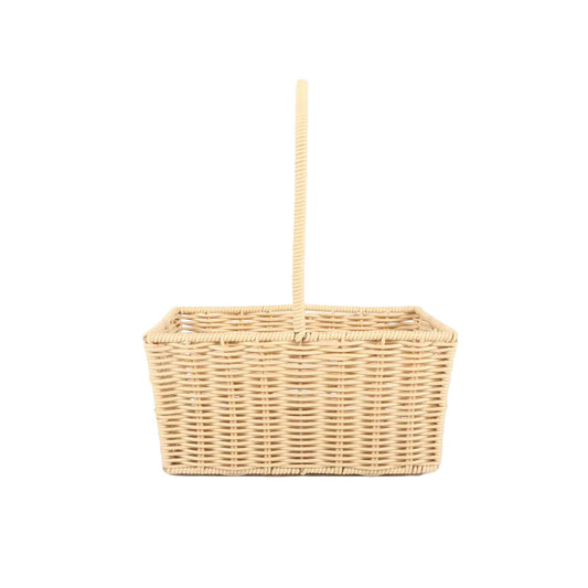 Rectangular plastic woven basket with tall handle, ideal for flower arrangements, gifts, or retail packaging.