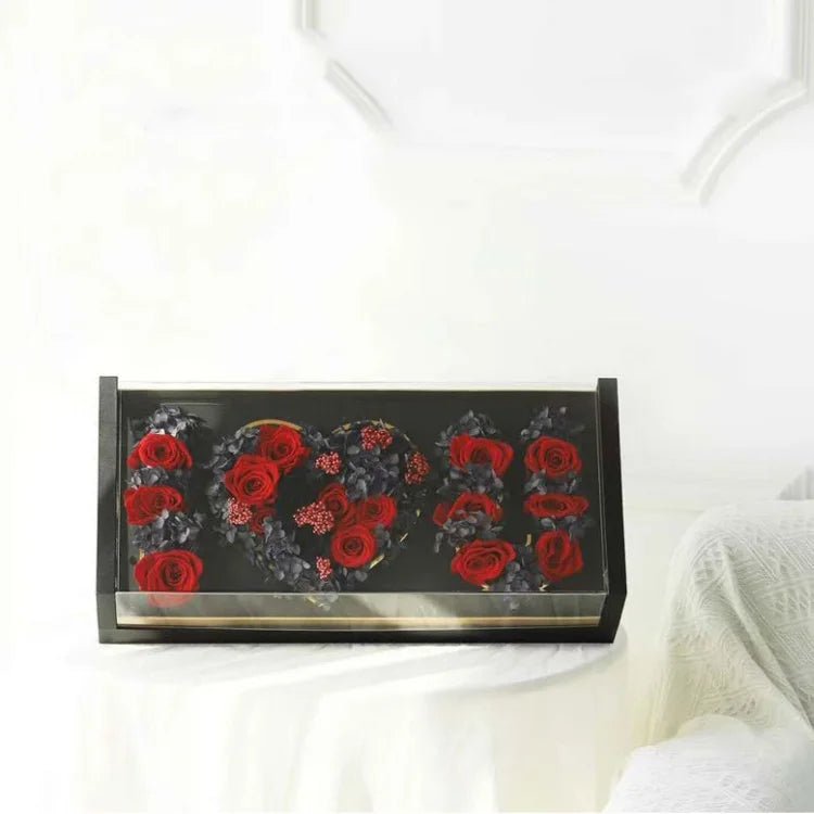 Acrylic Tilted I love you flower box with foam and liner - Elegant Supply