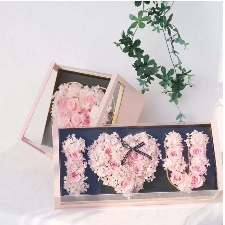 Acrylic Tilted I love you flower box with foam and liner - Elegant Supply