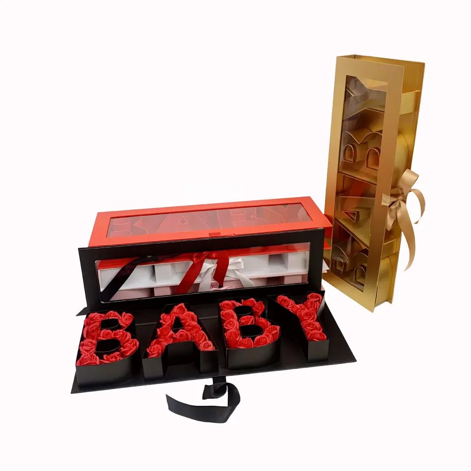 BABY Fillable Letters Flower Box with Clear PVC Top and Satin Ribbon - Elegant Supply