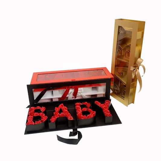 BABY Fillable Letters Flower Box with Clear PVC Top and Satin Ribbon - Elegant Supply