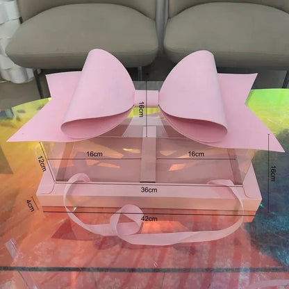 Big Bow Two Section Rectangle Flower Box with Clear Lid (2 pcs/set) - Elegant Supply