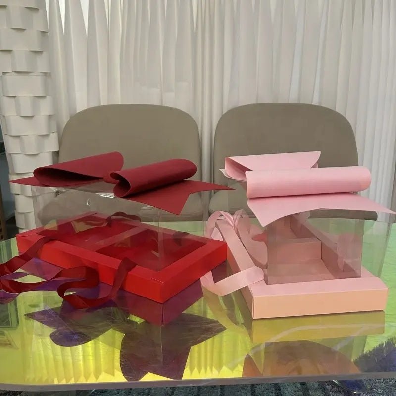 Big Bow Two Section Rectangle Flower Box with Clear Lid (2 pcs/set) - Elegant Supply