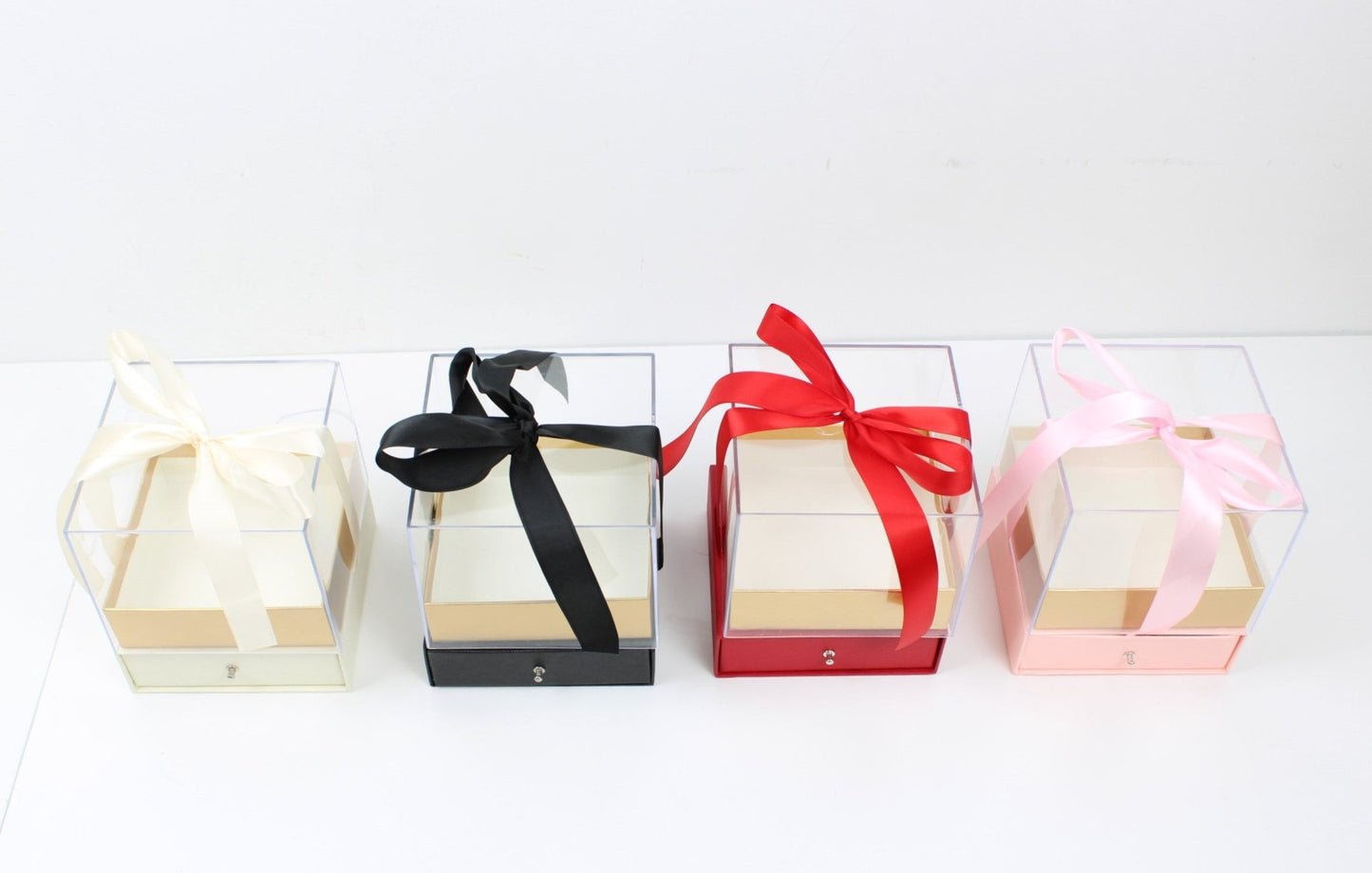 Cube Clear Top Flower Gift Box with Ribbon and drawer - Elegant Supply