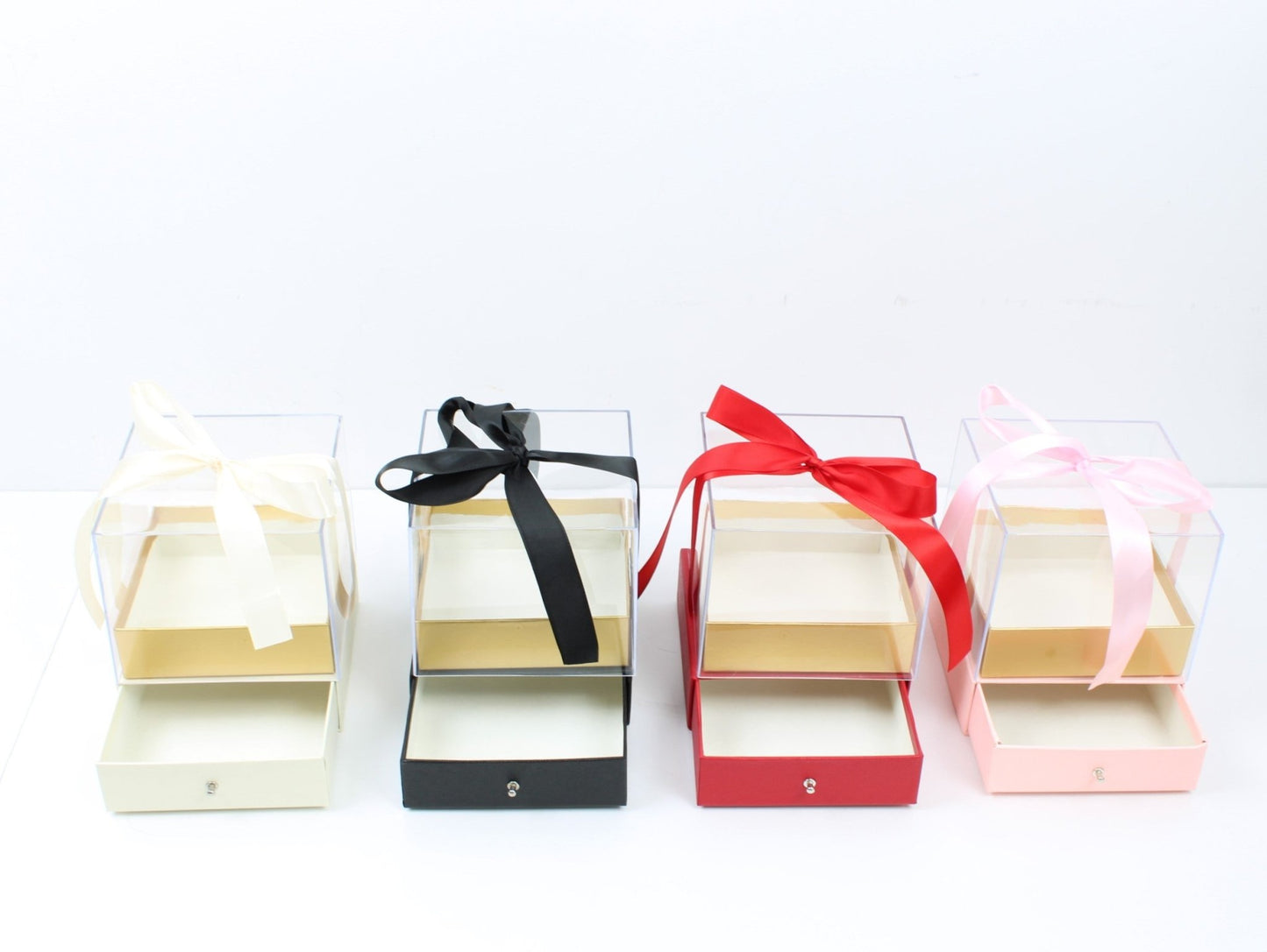 Cube Clear Top Flower Gift Box with Ribbon and drawer - Elegant Supply