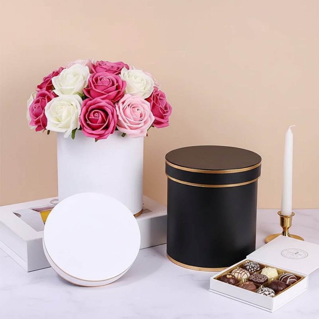 Double Gold Rim Round Flower Gift Box - Elegant Supply