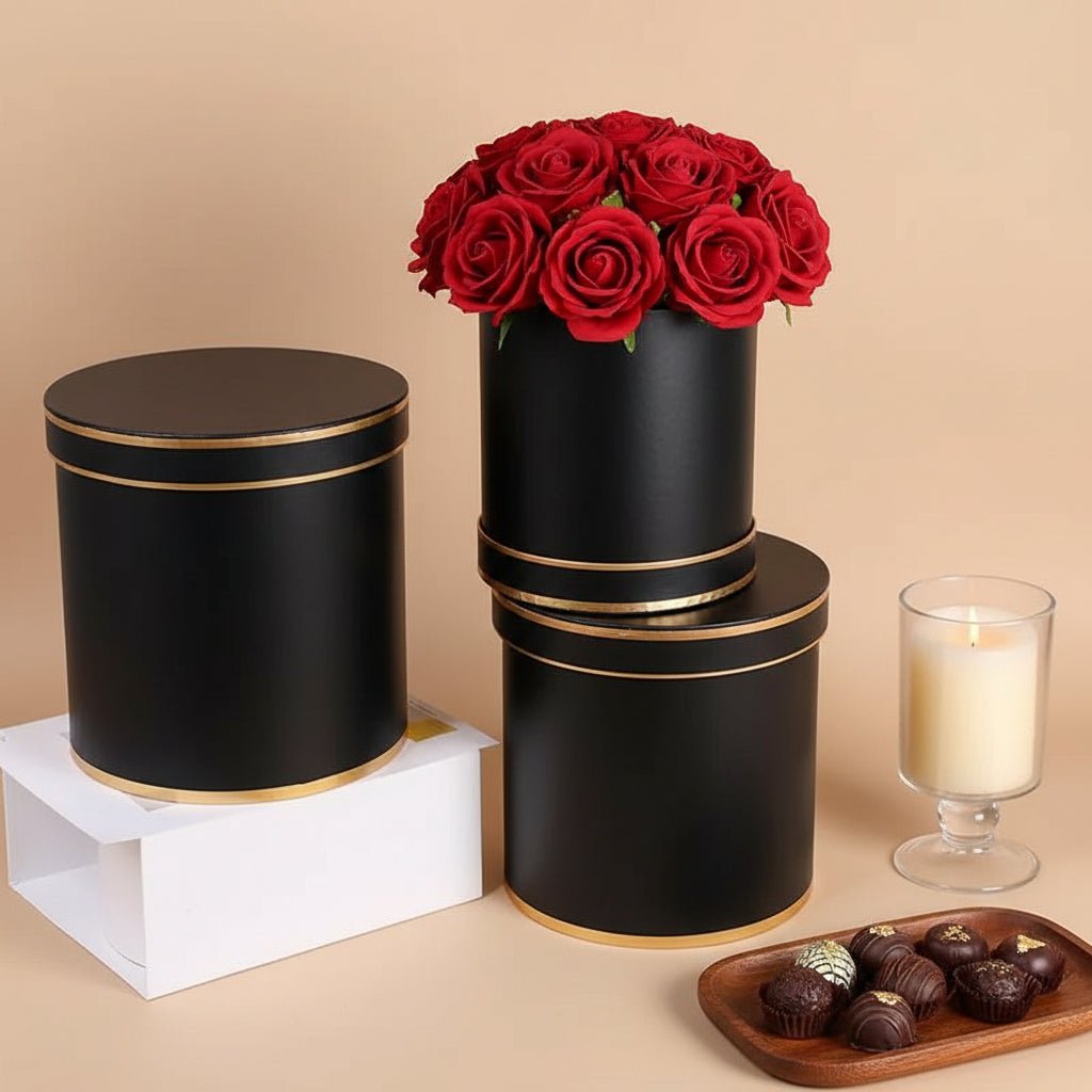 Double Gold Rim Round Flower Gift Box - Elegant Supply