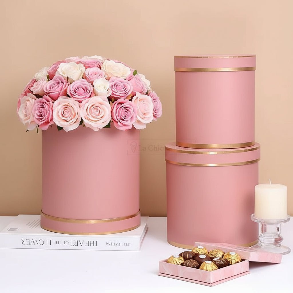 Double Gold Rim Round Flower Gift Box - Elegant Supply