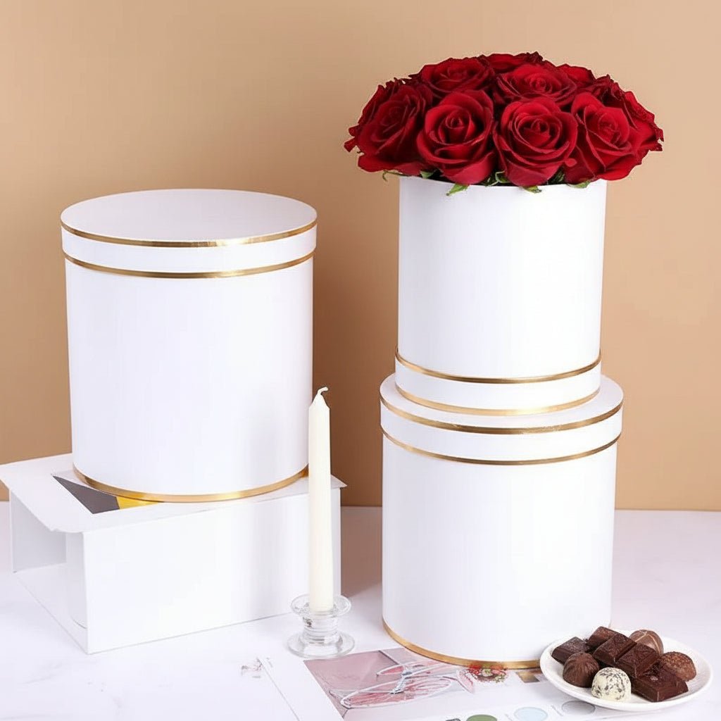 Double Gold Rim Round Flower Gift Box - Elegant Supply