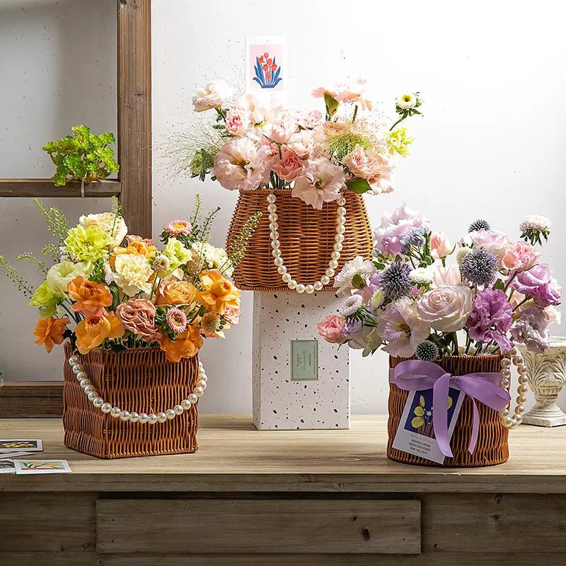 Flower Plastic Woven Imitation Basket with Pearl Handle - Elegant Supply