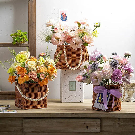 Flower Plastic Woven Imitation Basket with Pearl Handle - Elegant Supply